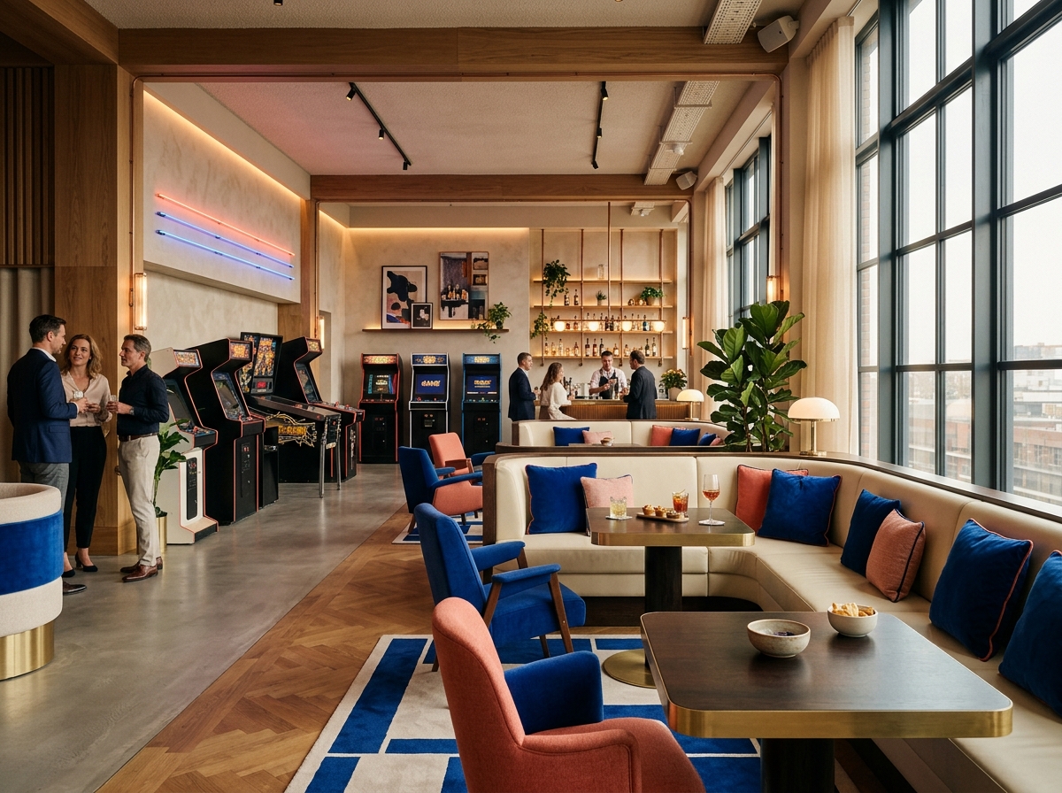Comfortabele zithoek in een moderne LuckyHall-achtige entertainmentomgeving
